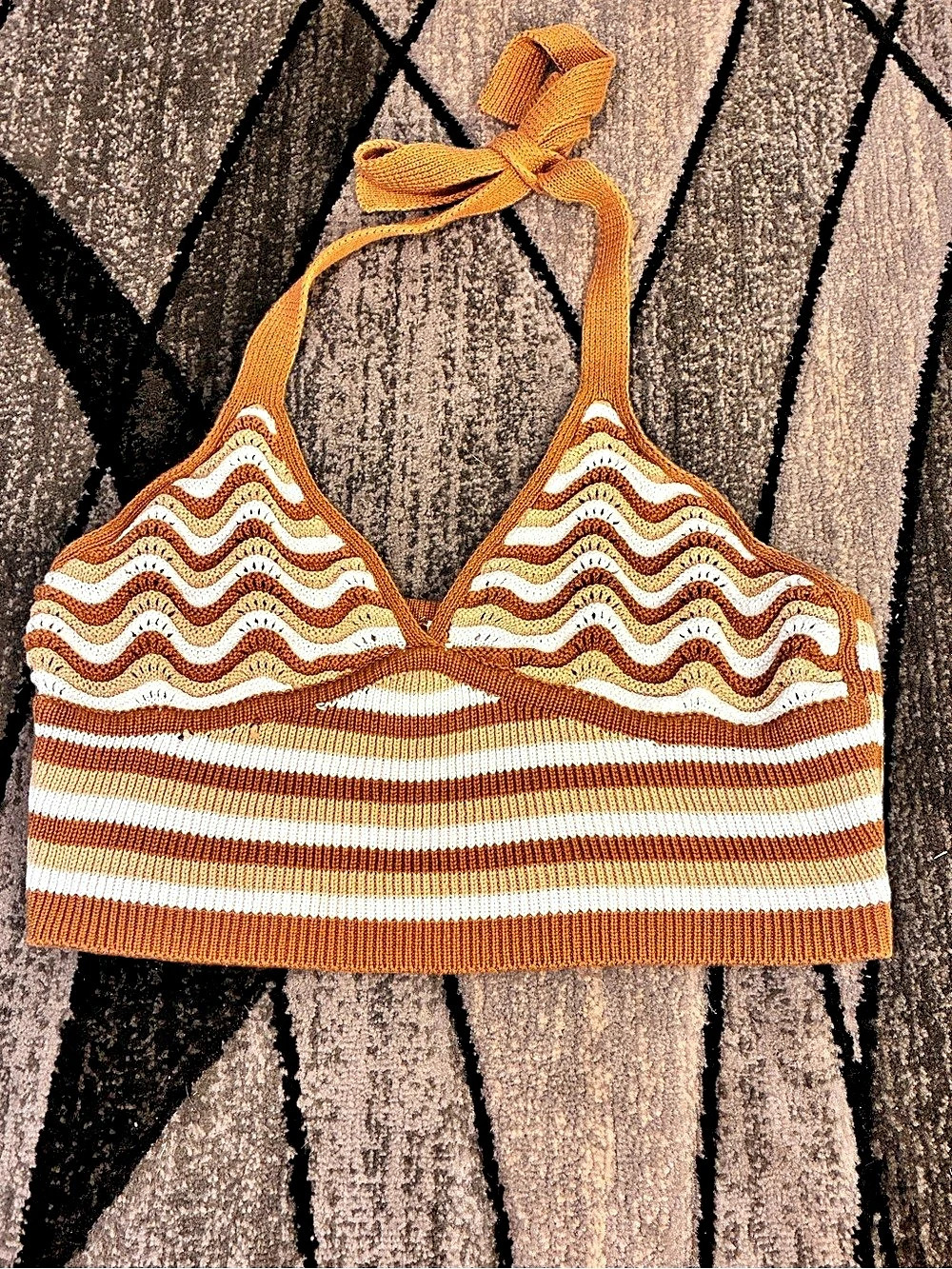 No Boundaries Striped Bikini Top in Brown & White Size Large